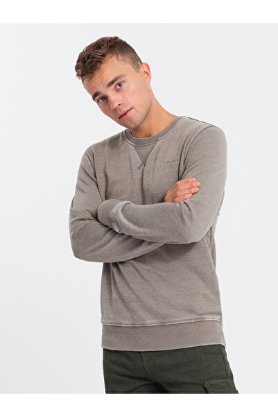 OMBRE Sepraná pánská mikina s ozdobným prošíváním u výstřihu - béžová V2 OM-SSDS-0131 M