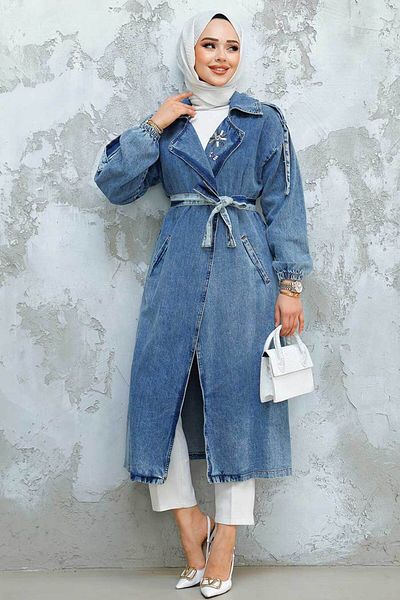 Neva Style Șapcă Hijab Albastru Denim Brodat cu margele 6392M