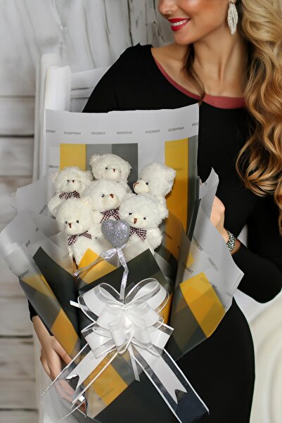 Sole Elegance Peluş Ayıcık Buketi - 6 Adet Yumoş Peluş Ayıcık ve Simli Gümüş ...