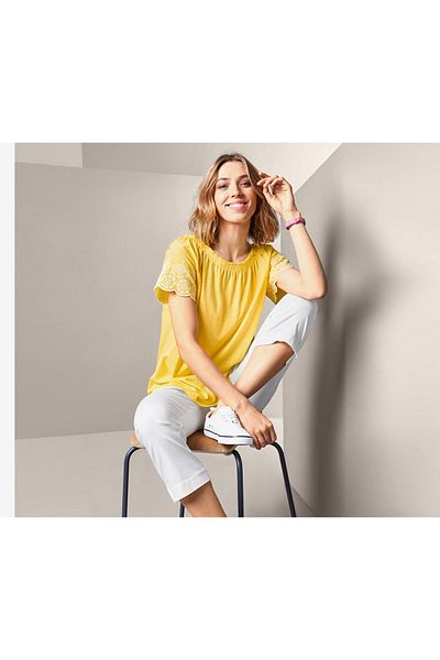 Tchibo Women Round Neck Embroidered Short Sleeve Blouse, Yellow