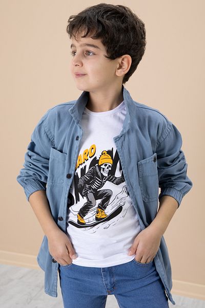 Cansın Mini Set cămașă albastră și tricou imprimat pentru băieți - 19991