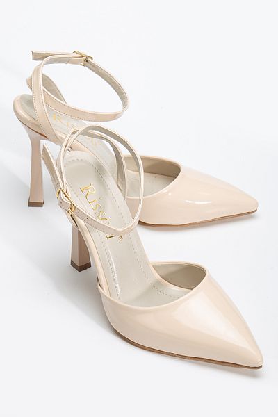 RİSSOLİ Rissoli Women's Beige Cream Ten Patent Leather Back Strap Heeled Shoes