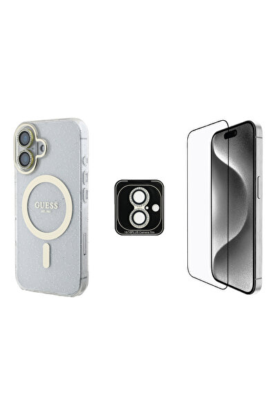 Guess iPhone 16 Guess Lisanslı 3'lü Aksesuar Seti IML Simli Glitter Kılıf Ekr...