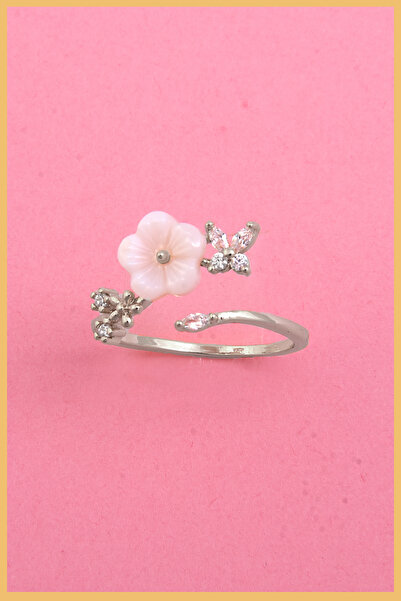 AURRARİ Kadın Gümüş Kaplama Sedef Çiçek Motifli Ayarlanabilir Çelik Yüzük (exclusive)