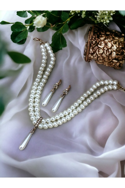 FAYRA ACCESSORIES Kristal Taşlı İnci Sallantılı Tasma İnci Kolye ve İnci Küpe