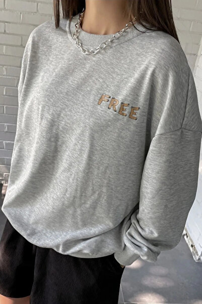 FECCY Hanorac oversize din bumbac UNISEX gri, cu imprimeu, cu gât tip crewneck