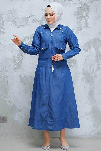 Neva Style طقم جينز مع تنورة حجاب باللون الأزرق الداكن - 44641L