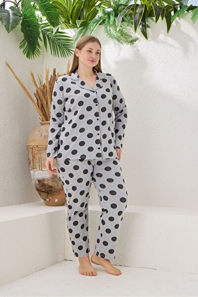 pijamacity Büyük Beden Kadın Uzun Kollu Pamuklu Önden Düğmeli Pijama Takımı