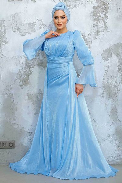 Neva Style Tailed Baby Blue Hijab Evening Dress 4986Bm
