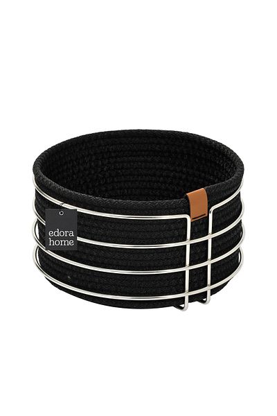 Edora Home Round Bread Basket - Stylish, Black Wicker, Macrame, Stainless Metal, Multi-Purpose