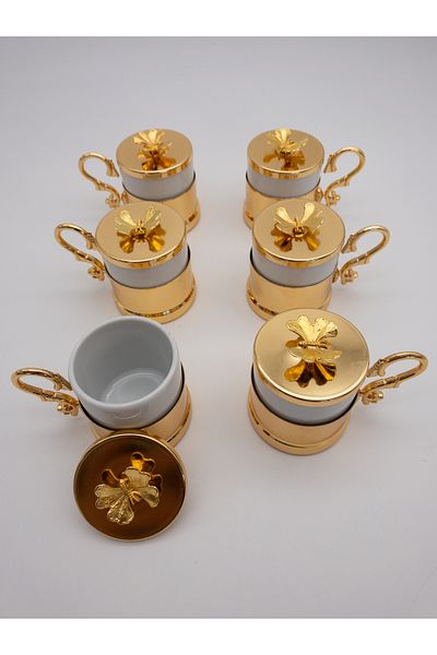 Fiyakalı Ürünler Atölyesi 6-Person Turkish Coffee Cup with Butterfly Lid, Gold Metal Frame
