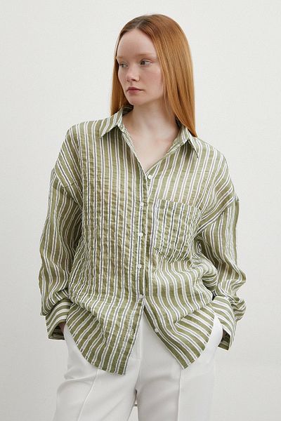 Never more Khaki Colored Sheer Striped Shirt