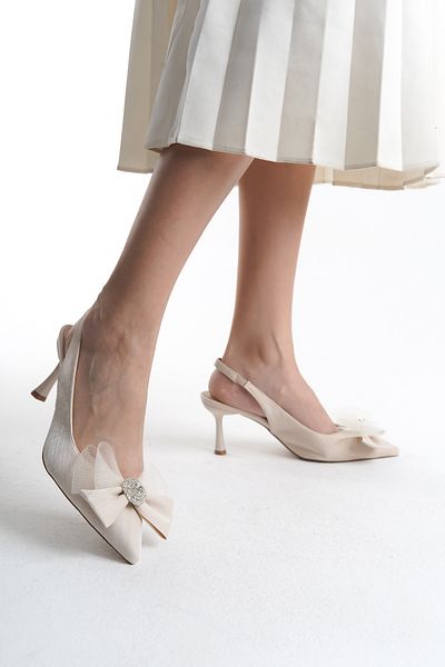 MARSEDO Stiletto de damă de culoare bej - Pantofi casual cu toc din plasă cu spate deschis și detaliu fundă