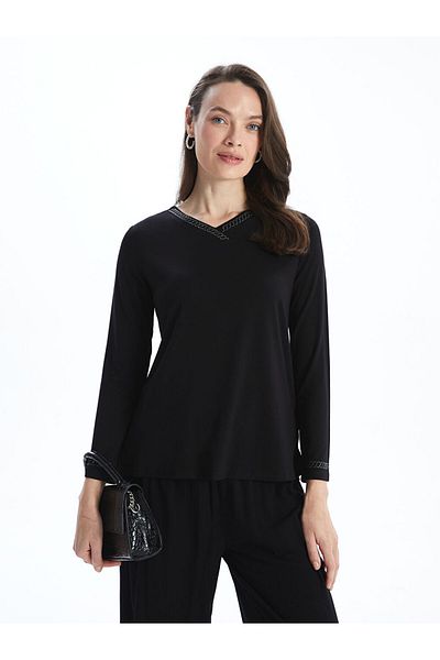 LC Waikiki Grace Navy Blue V-Neck Stone Long Sleeve Women's Blouse