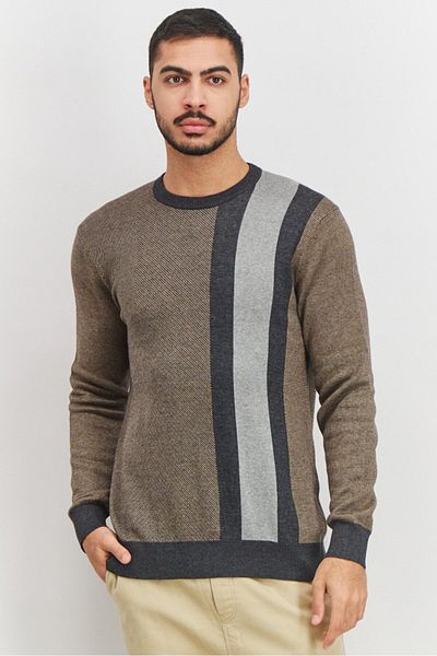 Perry Ellis Men Crew Neck Stripe Long Sleeve Sweater, Brown And Black Combo