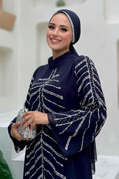 Bym Fashion Navy Blue Evening Dress - Stone Detail, Model 3915