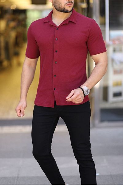 EFAL BUTİK Cămașă cu mânecă scurtă tricotată burgundy pentru bărbați
