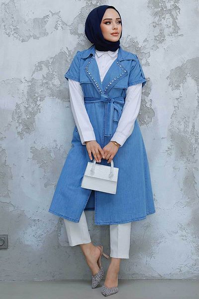 Neva Style Bead Embroidered Blue Hijab Vest 6572m