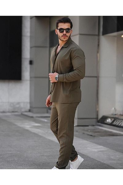 Black Sokak Men's Khaki Summer Long Sleeve Shirt Suit