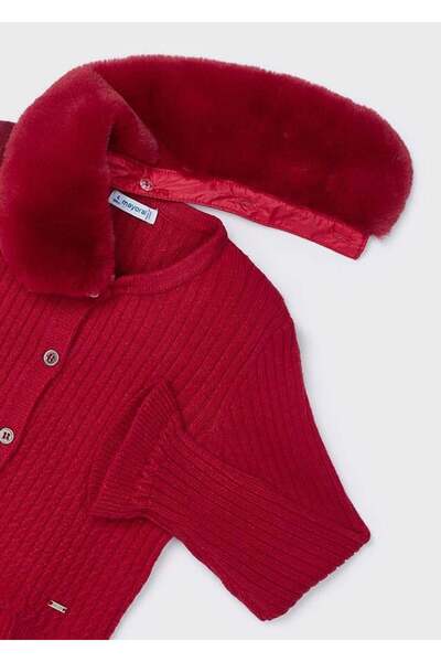 MAYORAL Knitted Collar Furry Girl Cardigan - Red