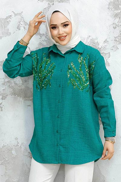 Neva Style Cămașă Hijab cu margele verde smarald - 4526ZY