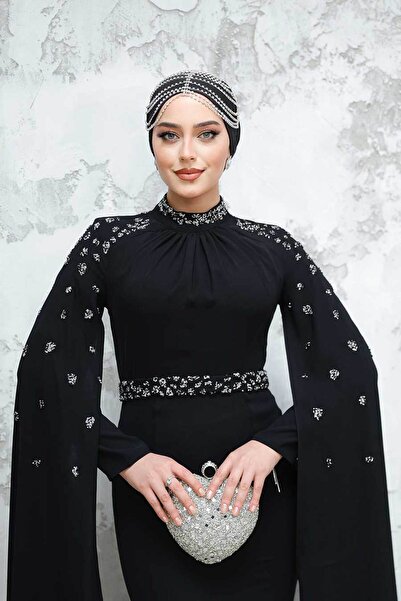 Neva Style Black Hijab Evening Dress with Cape 4863S