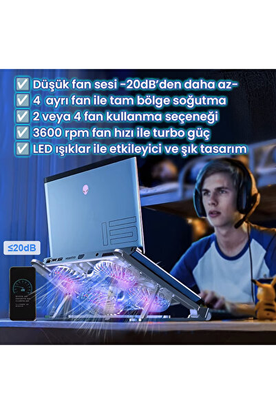 UpWay 3600RPM 4 Turbo Fanlı 7 Kademe Yükseklik Ayarlı Led Işıklı Katlanabilir Dizüstü Laptop Standı