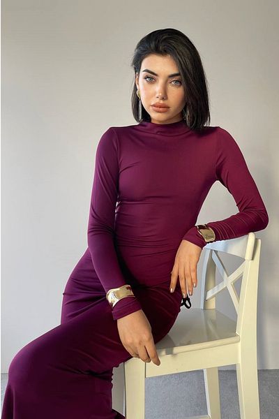 barış sülün lovebox Women's Midi Plum Dress with Stretchy Sandy Fabric - Low Back Cutout and Slit Detail 327