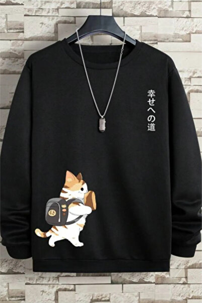 Wish BF Unisex Oversize Japanese Cat Printed Crew Neck Black Sweatshirt