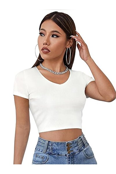 Rooted Tricou Ecru cu decolteu în V Lycra Crop - mânecă scurtă, țesătură cami...