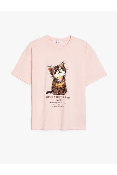 Koton Cat Printed Crew Neck Short Sleeve Oversize T-Shirt