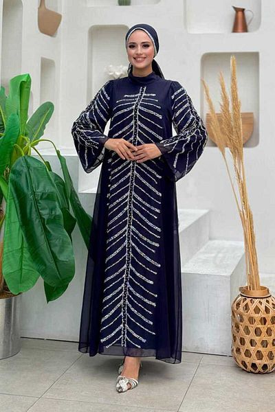Bym Fashion Navy Blue Evening Dress - Stone Detail, Model 3915