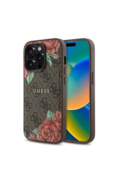 Guess iPhone 14 Pro Uyumlu Guess Lisanslı Magsafe Şarj Özellikli Gül Baskılı Yazı Logolu Kapak Kahverengi