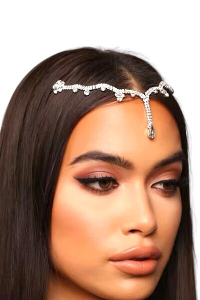 TAKIŞTIR Gümüş Renk Taş Detaylı Alınlık/Kına Aksesuarı