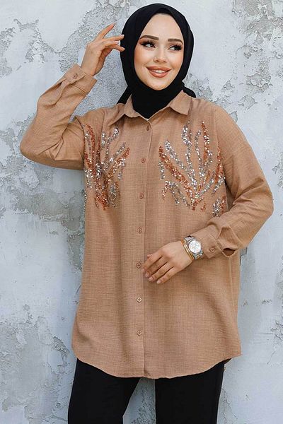 Neva Style Cămașă Hijab Camel Brodată cu margele 4526C
