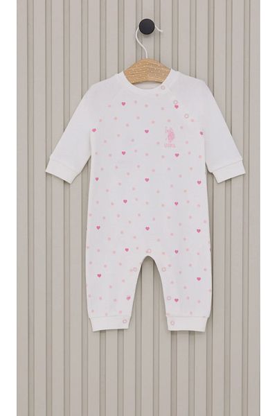 U.S. Polo Assn. Licensed Uspa White Heart Themed Long Sleeve Snap Fastener Footless Romper for Baby Girl