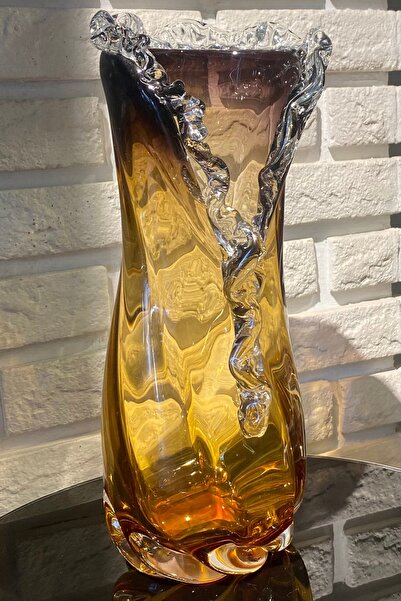 LEMİ DEKORASYON Amber Renk Geçişli Yakası Kristal Görünümlü Cam Vazo 36 Cm