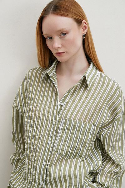 Never more Khaki Colored Sheer Striped Shirt