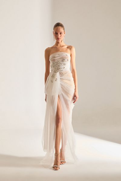 BETTY & SAM Olivia Stone Embroidered White Tulle Dress