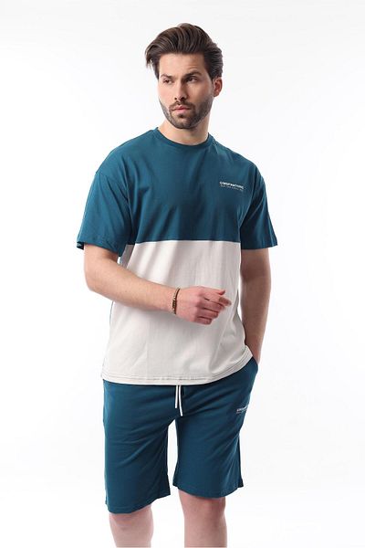 Madmext Petrol Blue εμπριμέ Color Block Βαμβακερό ρυθμιζόμενο σορτς μέσης 5952