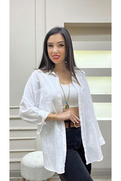 Meryemce Keten Beyaz Gömlek