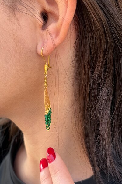 Utku Kuyumculuk 22 AYAR YEŞİL TAŞLI ÖZEL TASARIM SALLANTILI AKITMA KÜPE