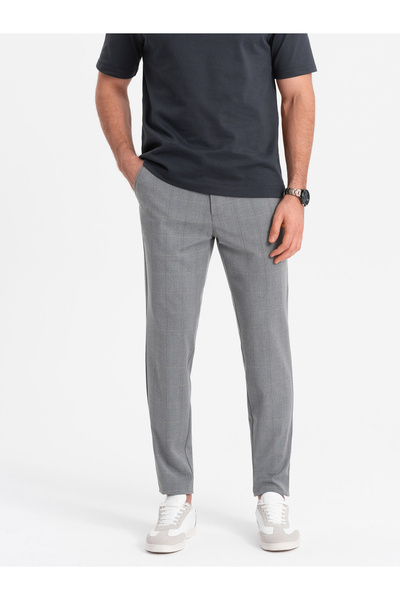 OMBRE Ανδρικό παντελόνι κλασικής κοπής σε λεπτή καρό - γκρι V3 OM-PACP-0187 M