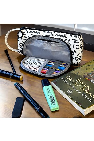 BABUN Ilgaz Large Wide Geometric Pattern Cotton Pencil Case - Makeup Bag