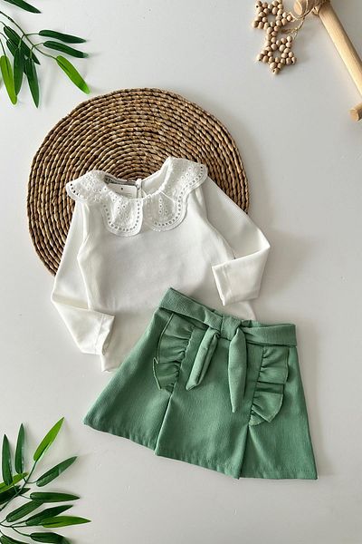 Minigimin Cicileri Green Girl's Suit with Flowers and Velvet Skirt and Collar Scallop Detail