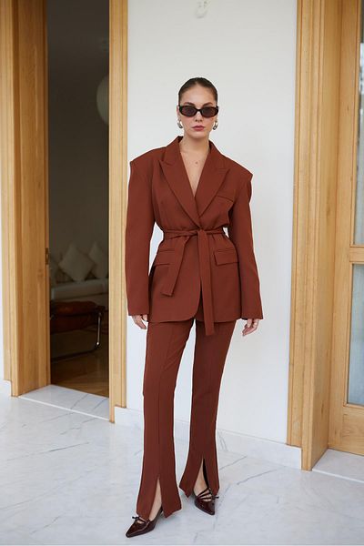 Askı Nişantaşı Coffee Belted Jacket Trousers Set with Zipper