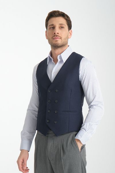 Frappoli Alfredo Dark Dark Blue Straw Fabric Basic Double Breasted V-Neck Slim Fit Vest