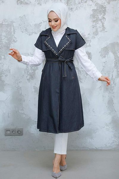 Neva Style Bead Embroidered Anthracite Hijab Vest 6572Ant