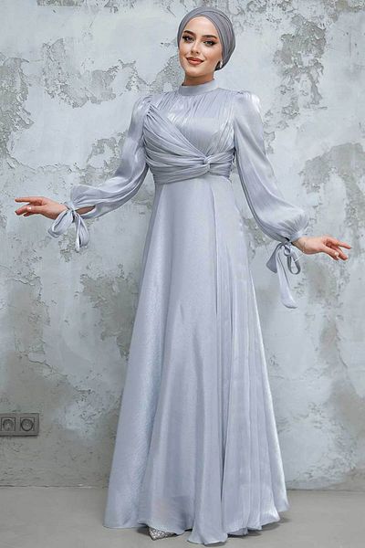 Neva Style Grey Hijab Evening Dress with Draped Detail 4823Gr