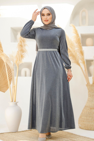 Neva Style Silvery Navy Blue Hijab Evening Dress 42541L